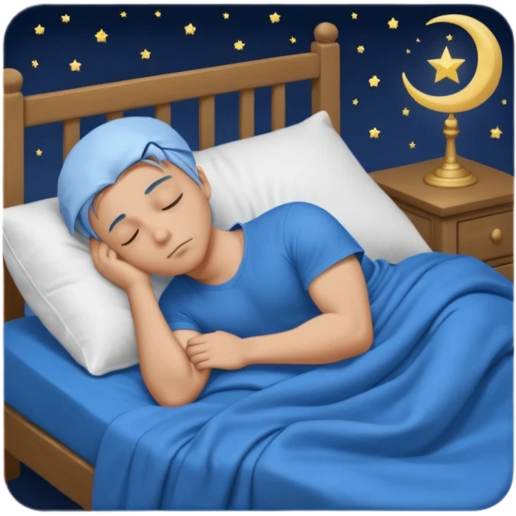 A young muscular male with short dark-blonde hair and medium-light skin, wearing blue cloth. He sleeps on his side, holding a soft white pillow, his head on a smooth blue pillow. A sleeping symbol floats above him in the dark, nighttime scene. A flowing blue blanket with silky folds covers him. emoji