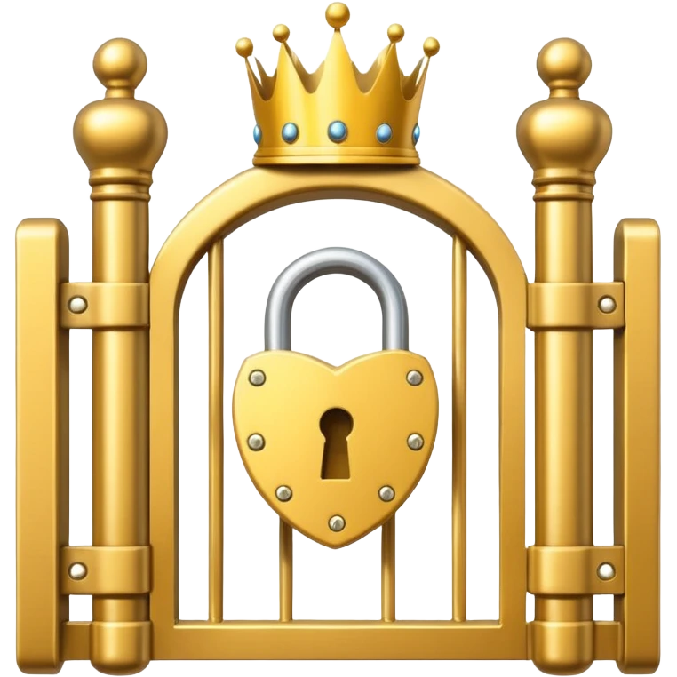 Golden padlock with a crown icon blocking a gate, flat UI illustration premium style. emoji