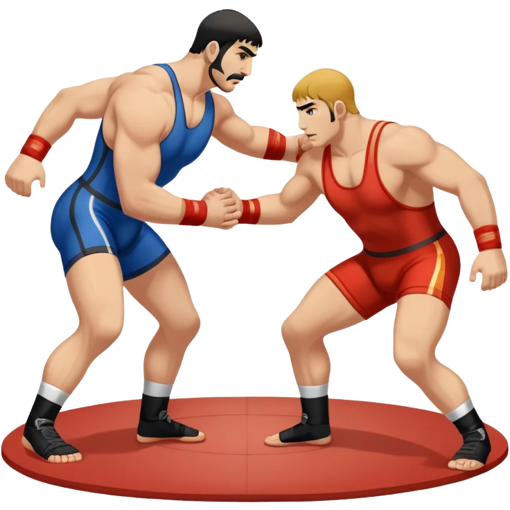 An icon symbolizing Greco-Roman wrestling, showing two wrestlers locked in a powerful grip, focusing on upper-body techniques. The background features a wrestling mat, with the athletes wearing traditional singlets. Transparent background highlights the strength and skill of the sport. emoji