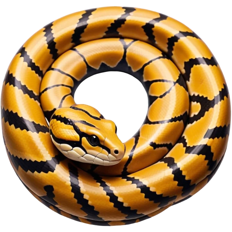 A photo-realistic top-down view of a Ball Python gently coiled into a tight spiral, with its head resting peacefully at the center. Its scales are warm brown with bold, irregular black markings, including the distinctive “alien-head” pattern, flowing smoothly along its body.  emoji