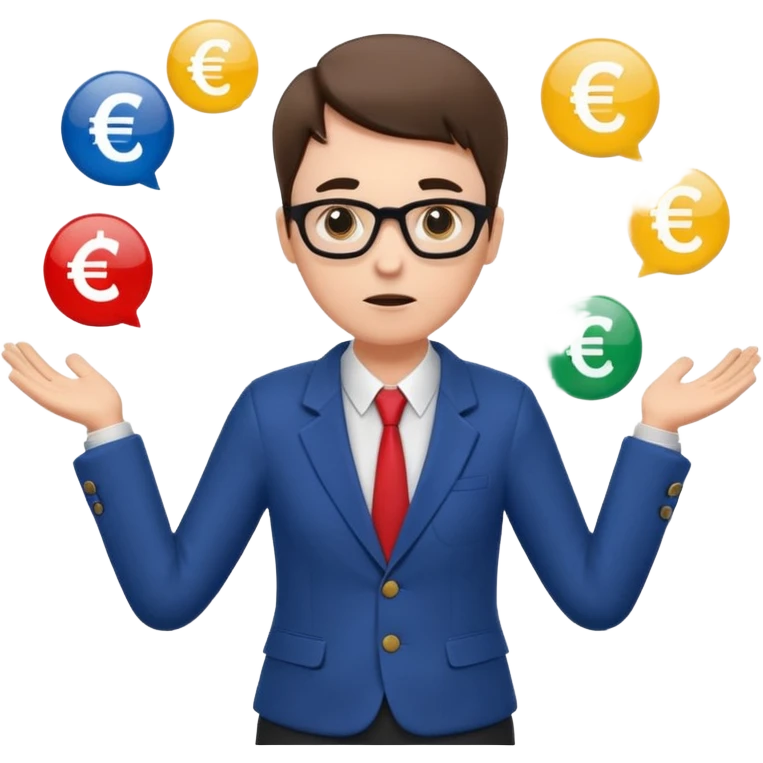 A confused teacher shrugging shoulders with euro symbols and documents floating around. emoji