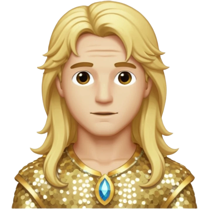 Adonis, God of Beauty with long golden blonde hair, cream sequin outfit emoji