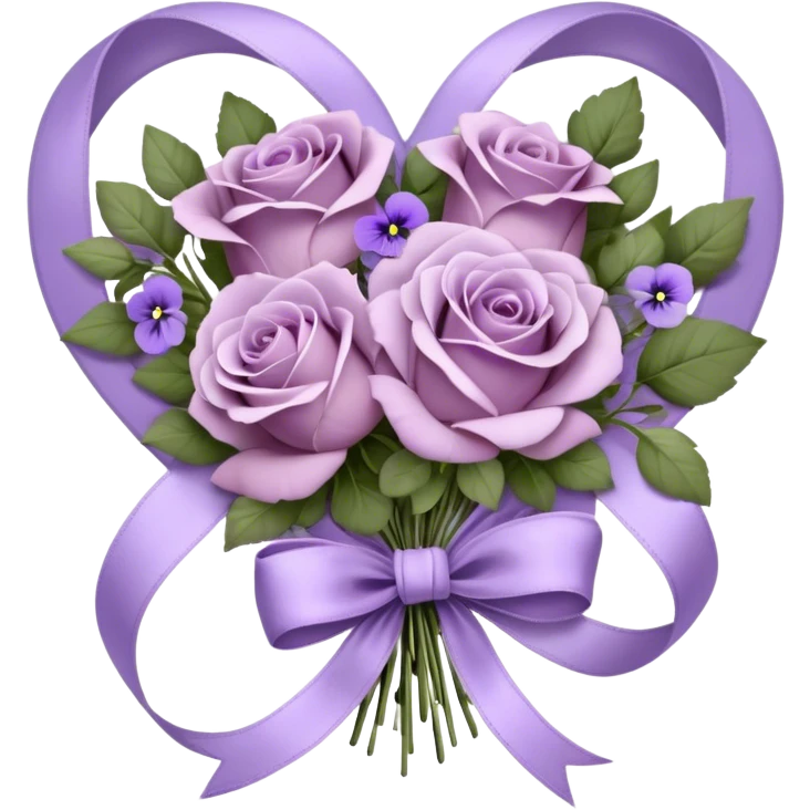 A vintage bouquet of wilted mauve roses, delicate violet pansies, and fragrant lavender sprigs is gently wrapped in soft lilac silk ribbons, tied into a loose, romantic bow, with a small heart-shaped locket resting among the petals, whispering secrets of a love long past emoji