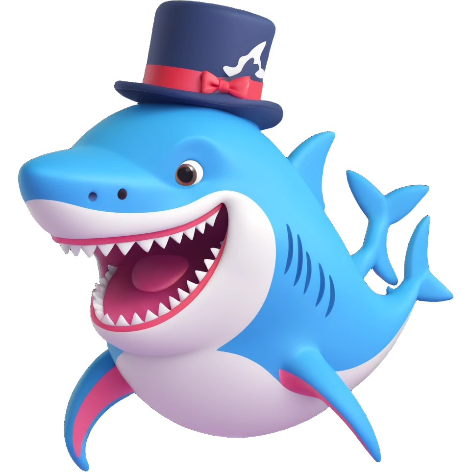 cartoon shark with a fancy top hat, smiling emoji