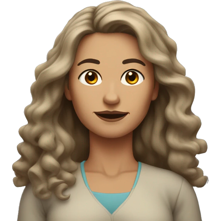 54-year-old woman with long, wavy, brown hair, black eyes, strong build with small black eyes emoji