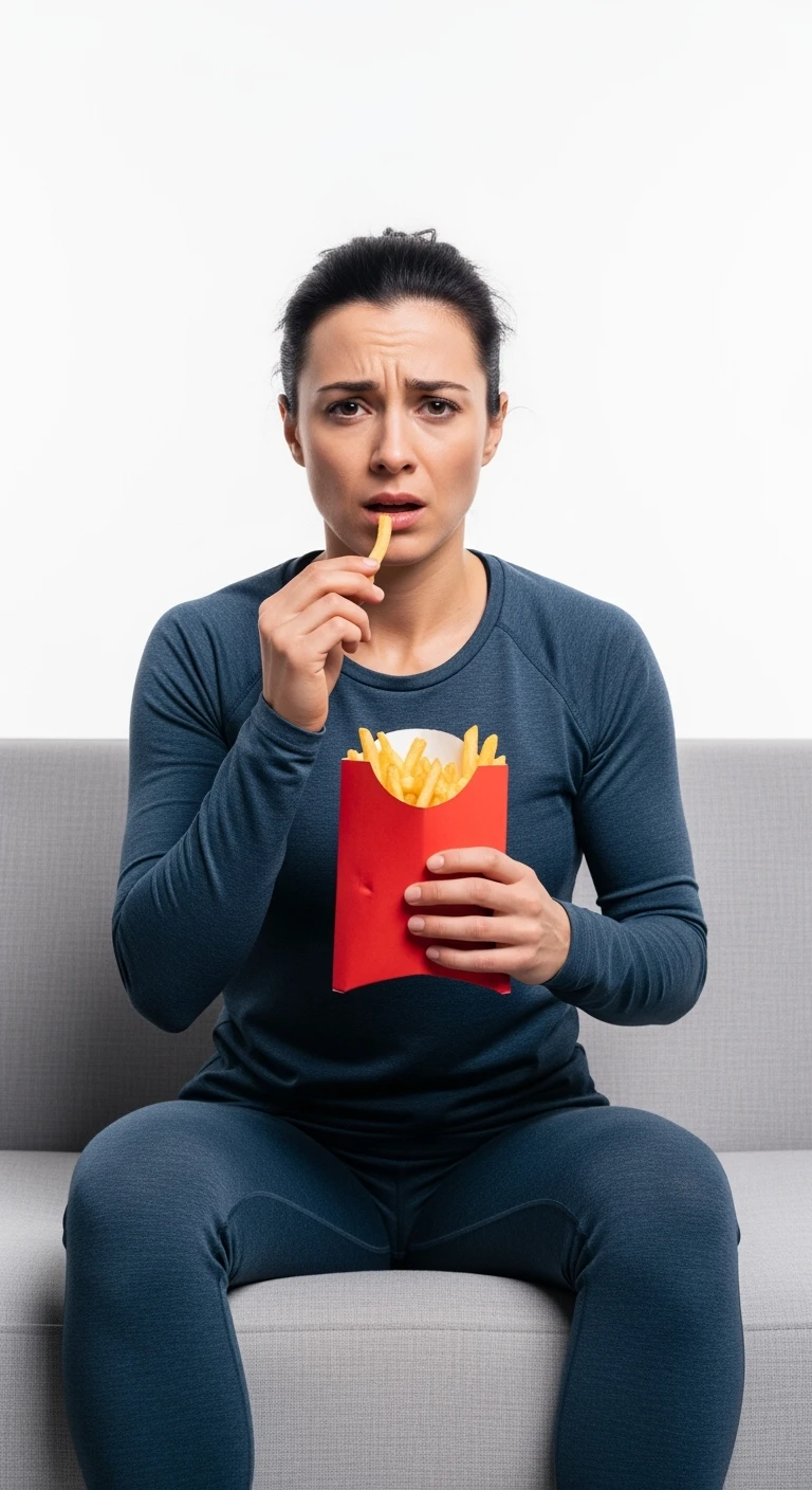 DONNA FITNESS ITALIANA STRESSATA CHE MANGIA PATATINE SUL DIVANO, IPERREALISTICA 4K, ISOLATA SU SFONDO BIANCO emoji