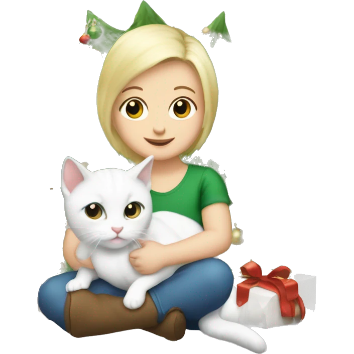 Blond baby with two white and grey Sibirien cats under a Christmas tree emoji