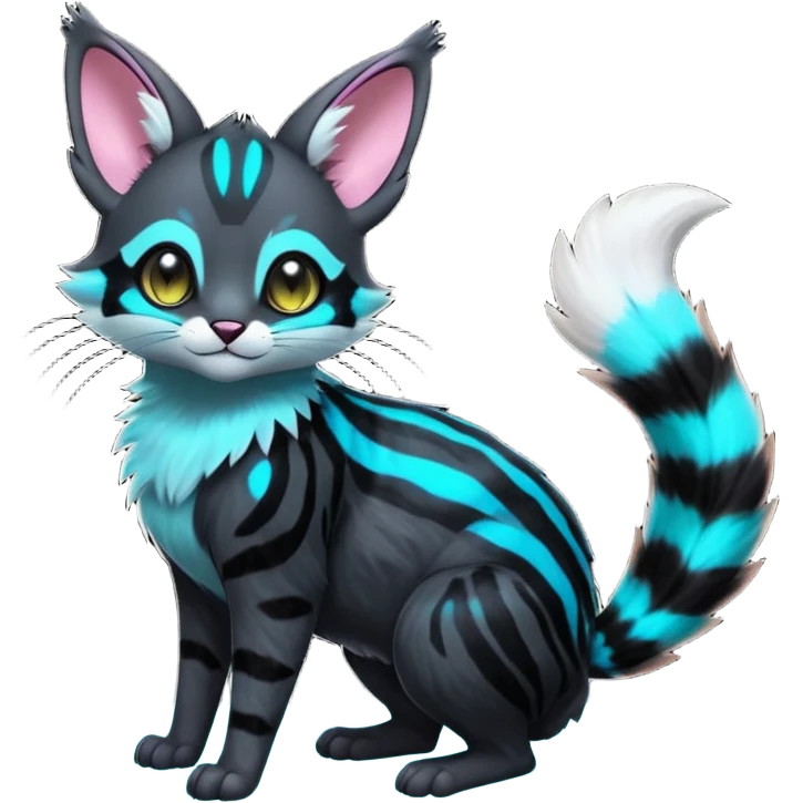  cute adorable pitch-Black-coated fur with glowing bioluminescent random colorful neon-markings divine beautiful elegant pretty precious cute young youthful  Fakémon-Pokémon-alien-opossum-feline-serval-caracal-chinchilla-Minccino-hybrid-creature with a big fluffy bushy striped tail (full body) emoji