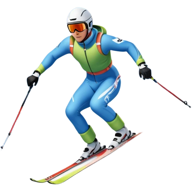 An icon featuring a skier racing down a snow-covered slope, surrounded by snowy peaks, pine trees, and a picturesque mountain landscape. The sky is blue with soft clouds, capturing the thrill and beauty of alpine skiing. Transparent background  emoji