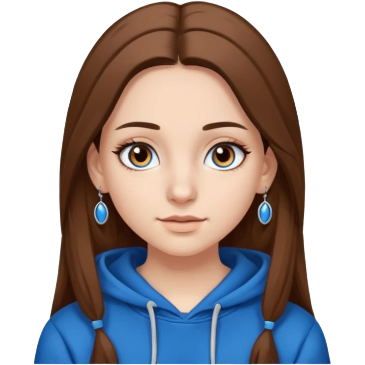 teen girl, white skin, long brown hair middle parted, brown eyes, blue hoodie eyelashes and earrings emoji