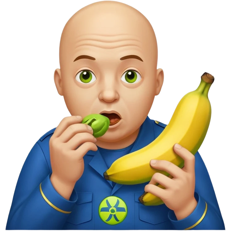 bald a bit fat man in a blue uniform eats a toxic green radioactive banana emoji