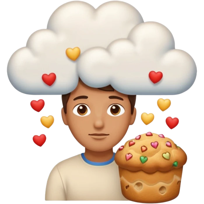 Apple-style emoji illustration of a person with dreamy eyes, and avobe them a thinking cloud with a traditionmal panettone inside, small hearts floating around, soft 3D emoji style, smooth gradients, rounded shapes, warm festive colors, simple expression. emoji