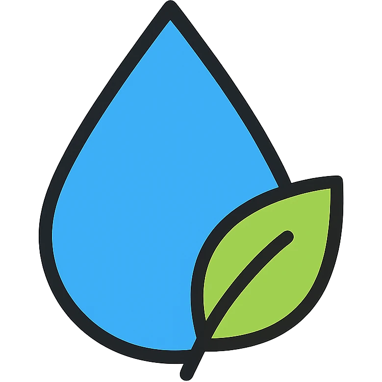 blue water droplet with a green leaf attached, outlined in black with color fills, clean icon style emoji
