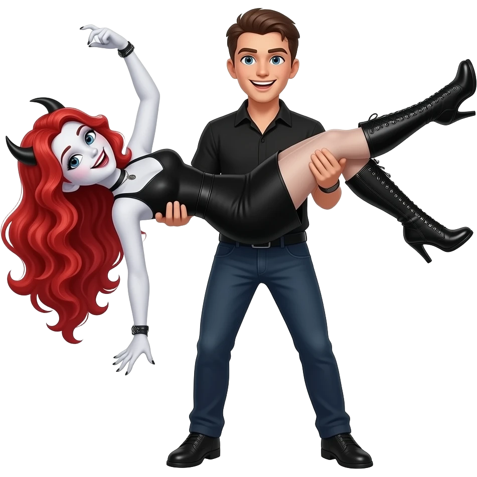 Vampiro femmina ADOLESCENTE con pelle bianca e capelli rosso ondulati lunghi che indossa un vestito corto nero e degli stivali lunghi neri con tacco che fa' l' HORIZONTAL LIFT con il suo fidanzato FIDANZATO con la pelle bianca e sono felici emoji