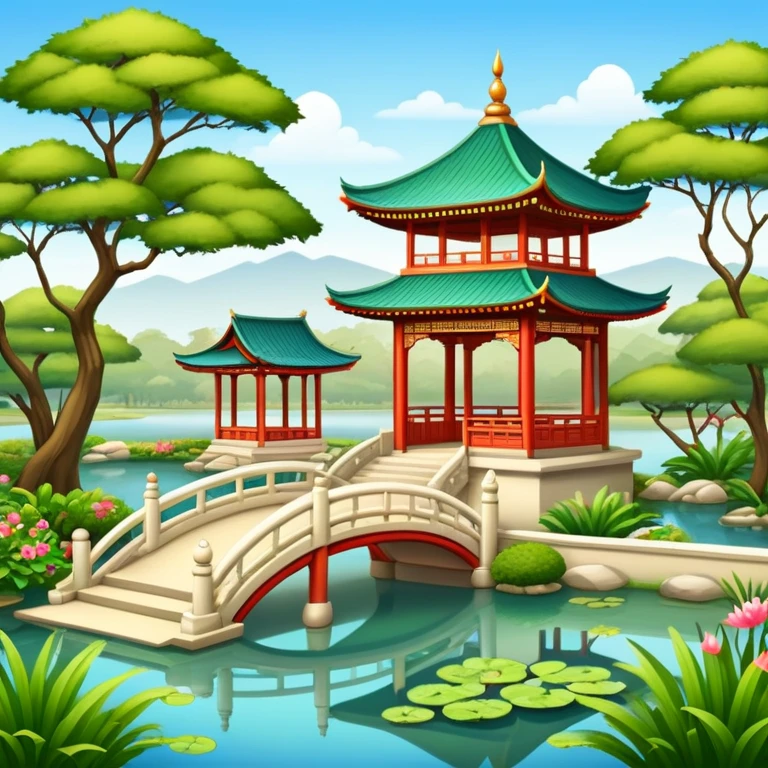 Oriental palace garden with pavilion and pond emoji