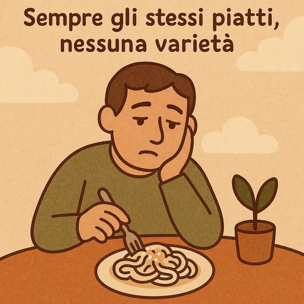 Uomo che mangia sempre pasta bianca con burro e formaggio, piatto ripetitivo, espressione annoiata, testo in italiano: “Sempre gli stessi piatti, nessuna varietà”. emoji