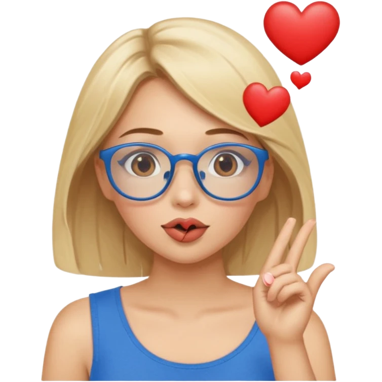 Blonde women with brown eyes, blue glasses, brown top, blowing a kiss with hearts around her. emoji