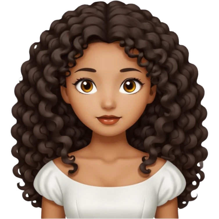 Dark tanned skin girl with very dark brown very big long curly hair, very dark Asian eyes, white dress at boatneck neckline   emoji