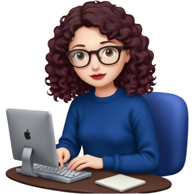a white young woman with very long wavy dark brown/chocolate hair with curls at the end of her long hair typing in a computer. she's using round glasses, her lips are light red and her cheeks slightly pink. Her eyes are dark brown. She's using a dark blue knit sweater  emoji
