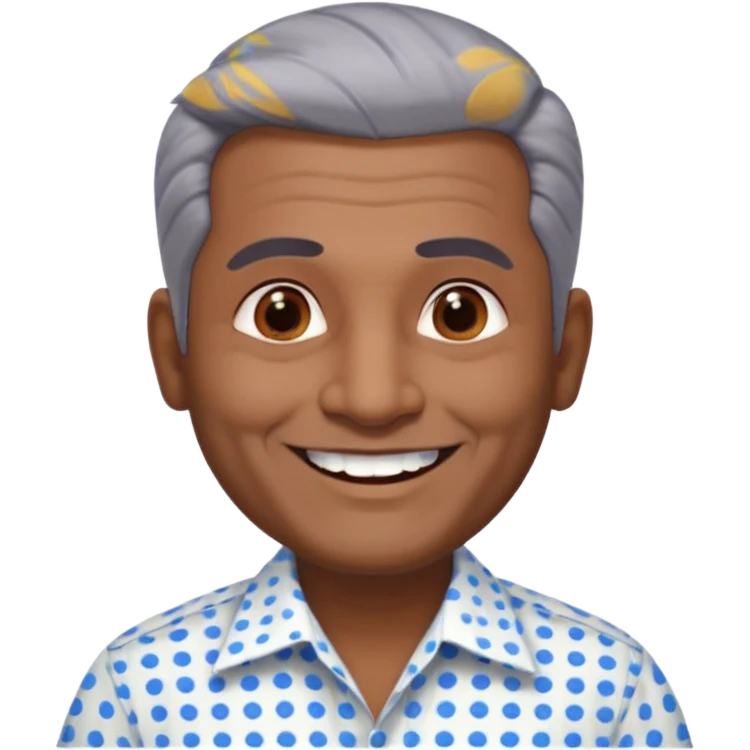 50 yr old indian man, dark skin, grey hair, big smile, white teeth, chubby, no moustache, clean shaven, young style hair, hair brushed back, 5 oclock shadow, bindy dot on forehead, dress shirt emoji