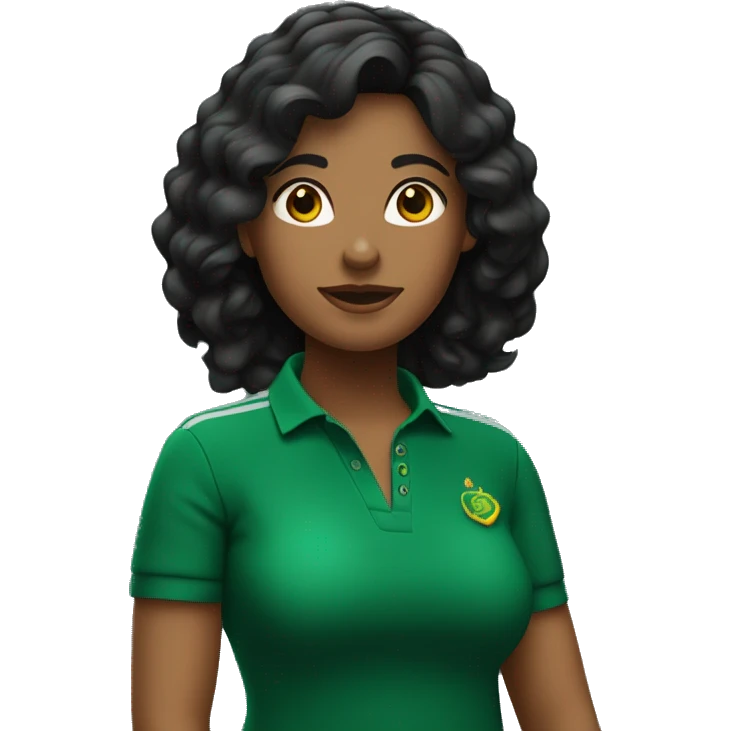 mujer de tez clara y cabello negro utilizando un polo color verde oscuro emoji