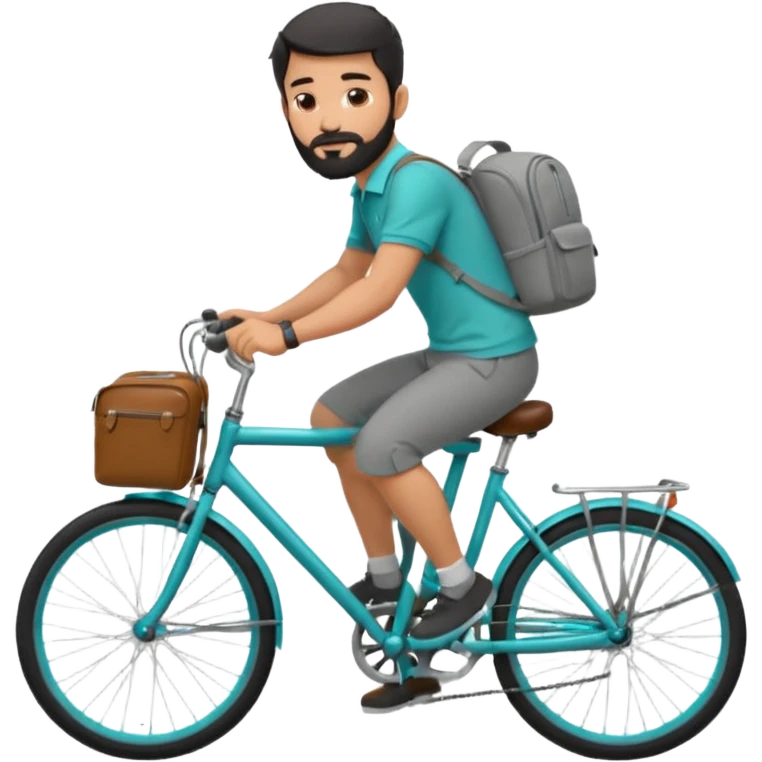 a man with a grey backpack and a torquoise byciycl and he has black shot=rt man hair and a beard with a polo grey shirt and dress pants and hes riding it emoji