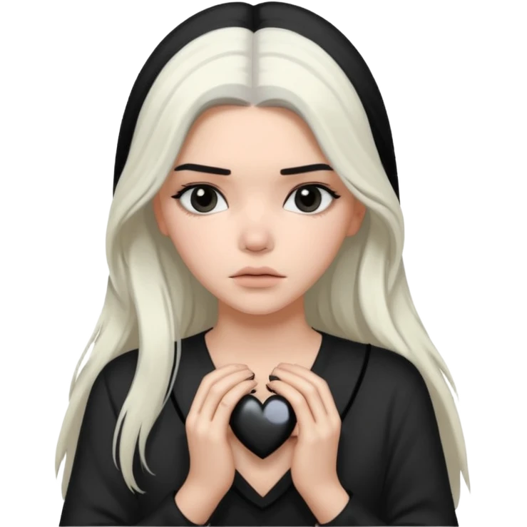 A Kendall Jenner with long white hair is sad and holds a black heart in her hands emoji