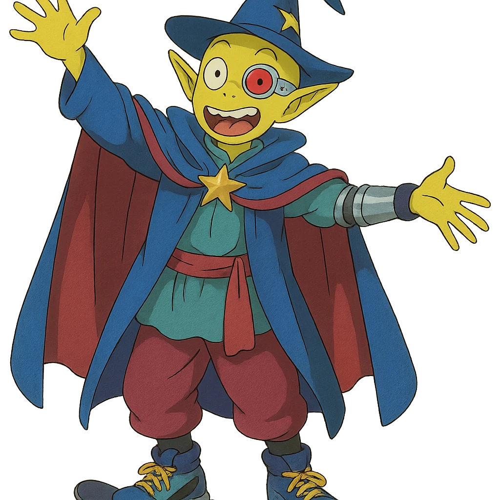 yellow guy showing off his fabulous outfit, outfit combines prince, alien, terminator, skater, skiier, and wizard elements, making a weird face, stylish and fabulous, ghibli style emoji