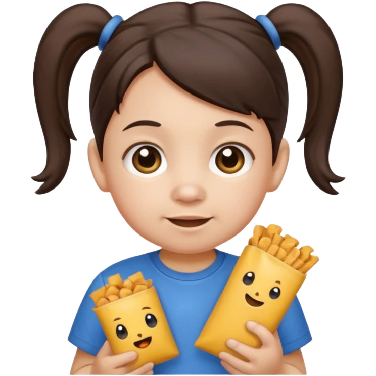 Toddler emoji with two pigtails dark brown hair, fair skin, holding snacks emoji