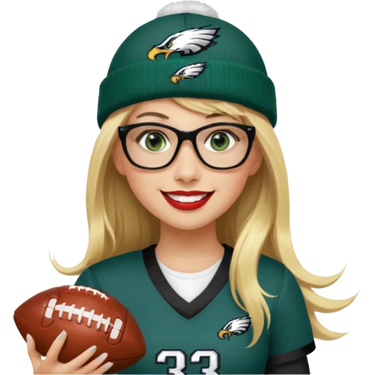 full length women wearing eagles uniform, long blonde hair, bangs, green eyes, black rectangle glasses, holding football, number 33, smiling, lipstick, eagles beanie emoji
