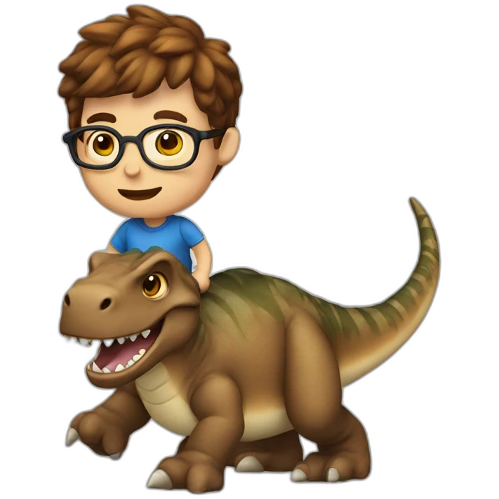 brown hair white male with round glasses riding a dinosaur emoji