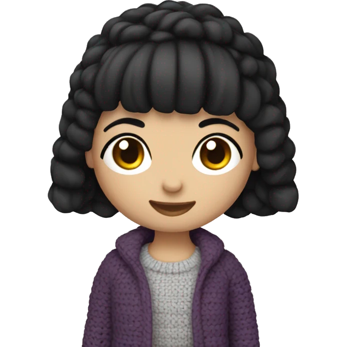 A girl with short dark hair making amigurumi  emoji