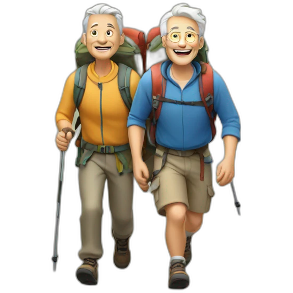 Older men and a younger men hiking up a mountain emoji