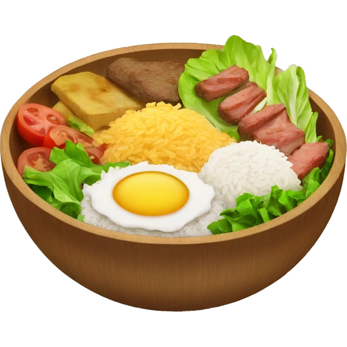 a wood bowl with rice in the middle, kebab, and salad emoji