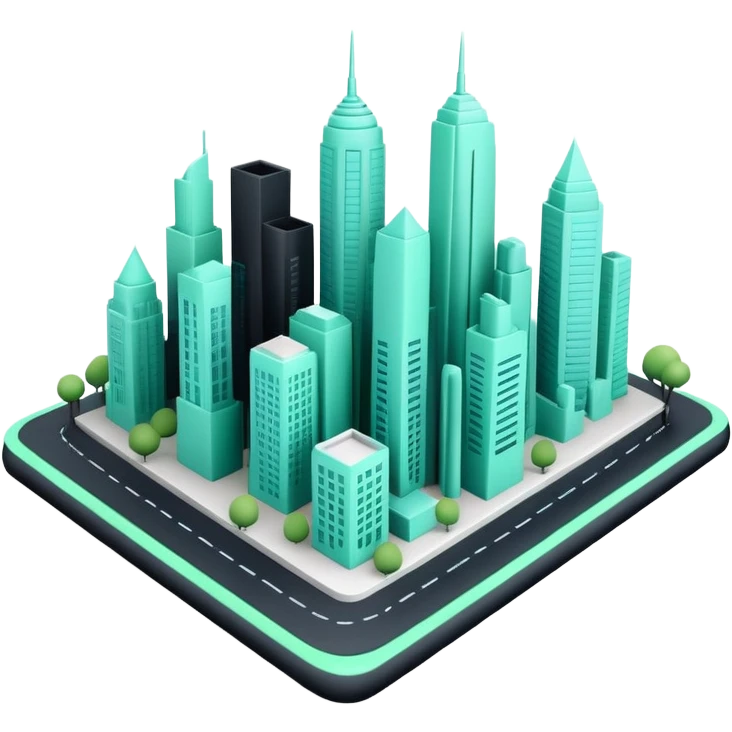 Urbanisme & Aménagement (Urban Planning), 3D techy icon with black and mint green (#B5F4D3) color scheme, city skyline with blueprint emoji