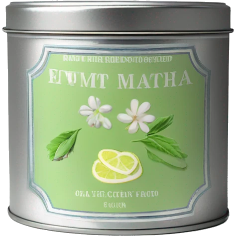 pretty matcha scented candle in silver tin with vintage label realistic emoji