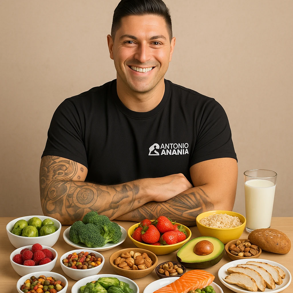 Create a realistic scene featuring a man with facial features and expression similar to the person in the reference photo. He is smiling and looking satisfied, standing in front of a table or counter displaying 10-15 different colorful and varied foods that he prefers and enjoys. The overall tone should be educational and positive, highlighting the man's happiness with his food choices. emoji