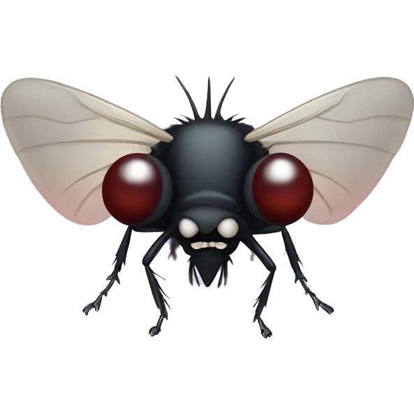 A midge (very tiny fly from scotland) looking like a vampire (with two protruding teeth), view from face/profile, looking like aggresive, looking cute emoji