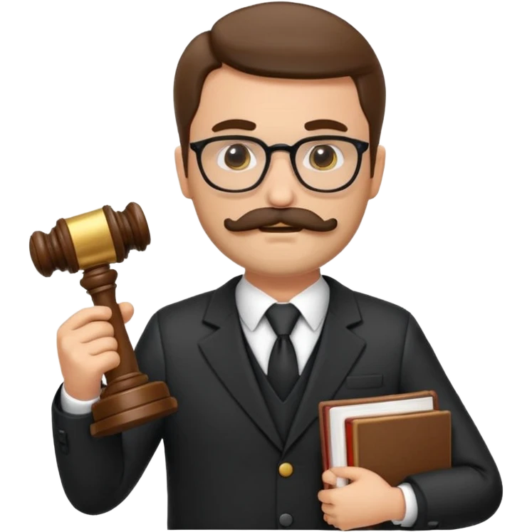 “Create a clean, modern emoji-style illustration of a male lawyer. He is wearing a formal suit jacket. He is holding a judge’s gavel (QUE SE VE DE COSTADO) in one hand and has a law book tucked under his arm. He has a mustache and beard!!, and GLASSES emoji