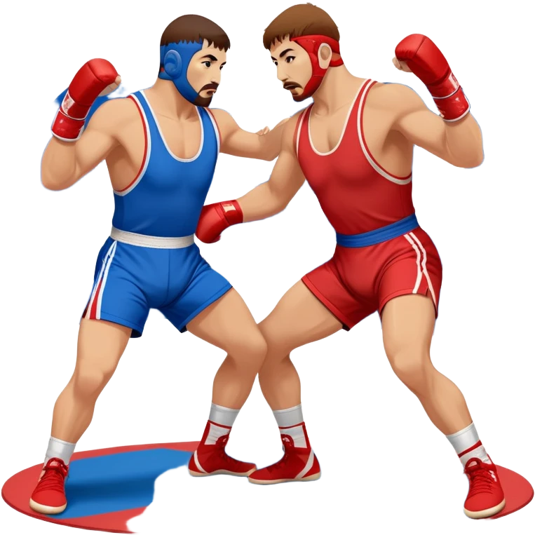 Two Sambo fighters in blue and red gis with shorts and wrestling shoes, executing gripping and throwing techniques. The fighters are engaged in a dynamic, action-packed moment with no strikes. The background features a wrestling mat, focusing on the technique and control. Transparent background  emoji