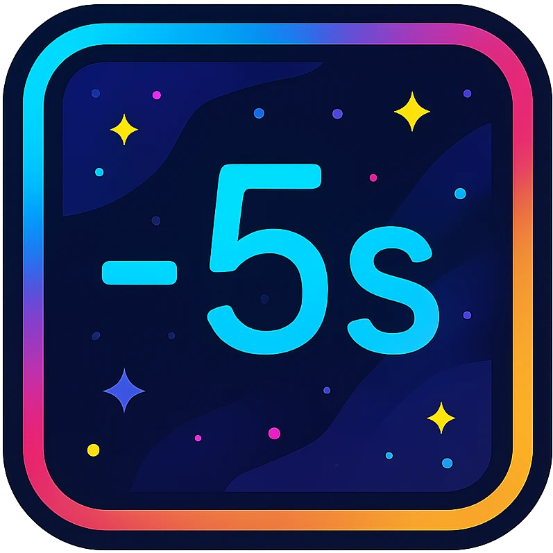 -5 sec icon with dark purples, blues, black base, neon glowing border, sophisticated nebula gradients, subtle small stars, clean lines, minimalistic, luminous effect, accent colors cyan, pink, yellow, green, orange, professional look, consistent with media controls set emoji