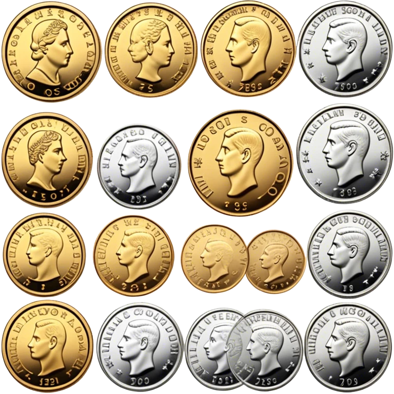 Icon for Coin Collecting: a collection of different vintage and modern coins of various forms, neatly arranged in a display case or on a table. The icon should highlight the diversity and historical value of coin collecting. Transparent background. emoji