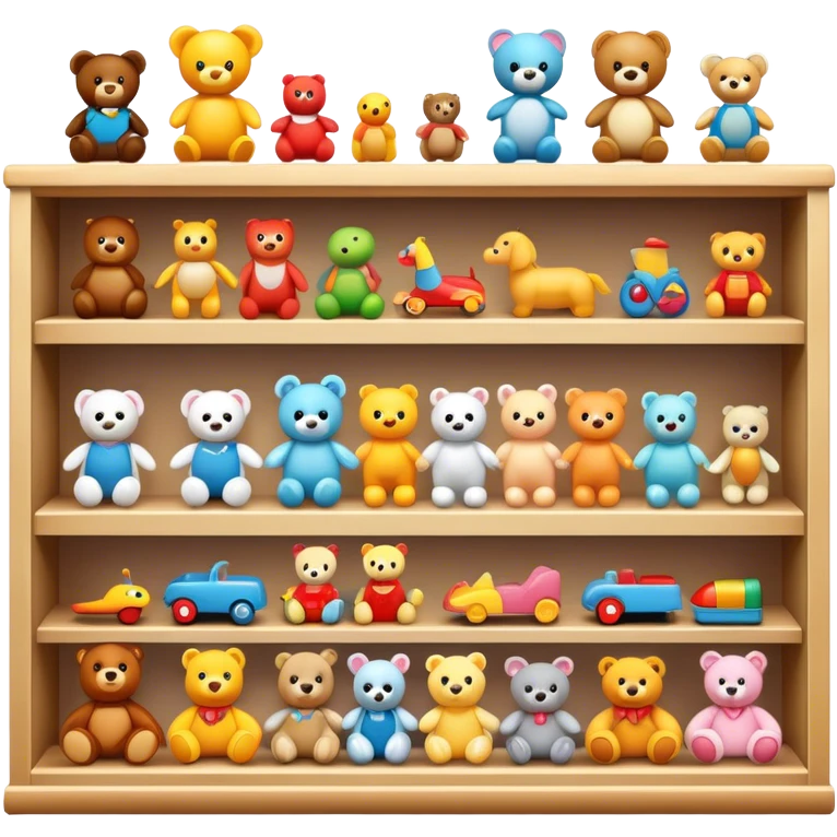 Icon for Toy Collecting: a collection of various vintage toys such as dolls, action figures and plush animals, displayed neatly on shelves or in display cases. The icon should evoke the joy and nostalgia of collecting toys. Transparent background. emoji