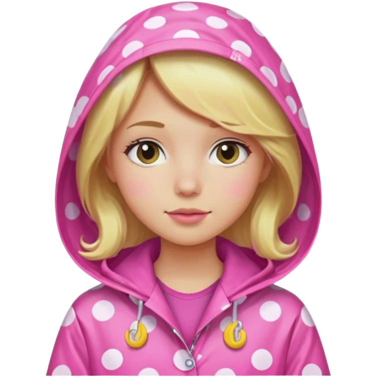 Blonde girl in a pink polka dot raincoat with hoodie emoji