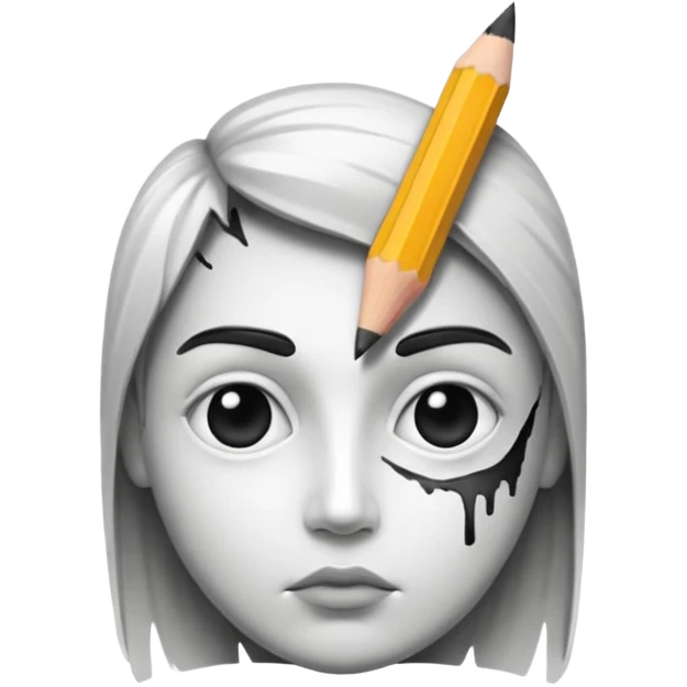 Create a black-and-white icon showing the process of cartooning: a pencil sketching an exaggerated face, with ink pen details and pencil smudges. Use clean lines and shading. Transparent background. emoji