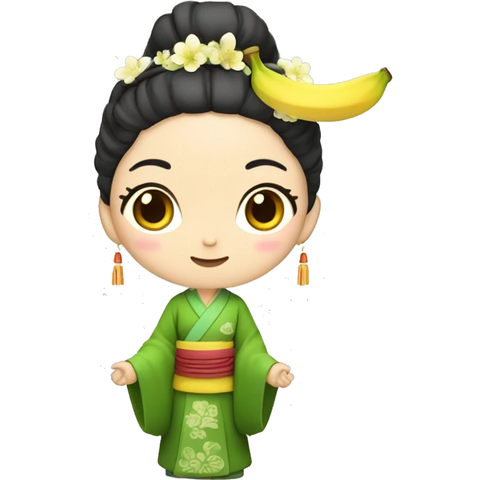Beautiful woman, yellow skin, Hanfu headdress, wearing green clothes, holding a banana fan emoji