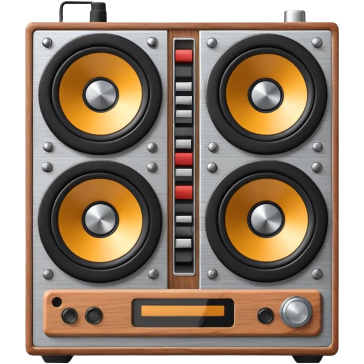 3D render of Speaker Stack, vintage 1980s audio equipment aesthetic, tactile analog buttons, silver metallic face with two large brown magnetic tape wheels, mixed wood grain and brushed aluminum textures, Apple emoji style, isolated on white background --v 6.0 emoji
