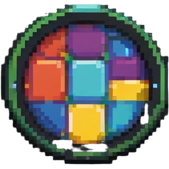 Simple colorful pixel art IT badge with basic computer icon, vibrant colors emoji