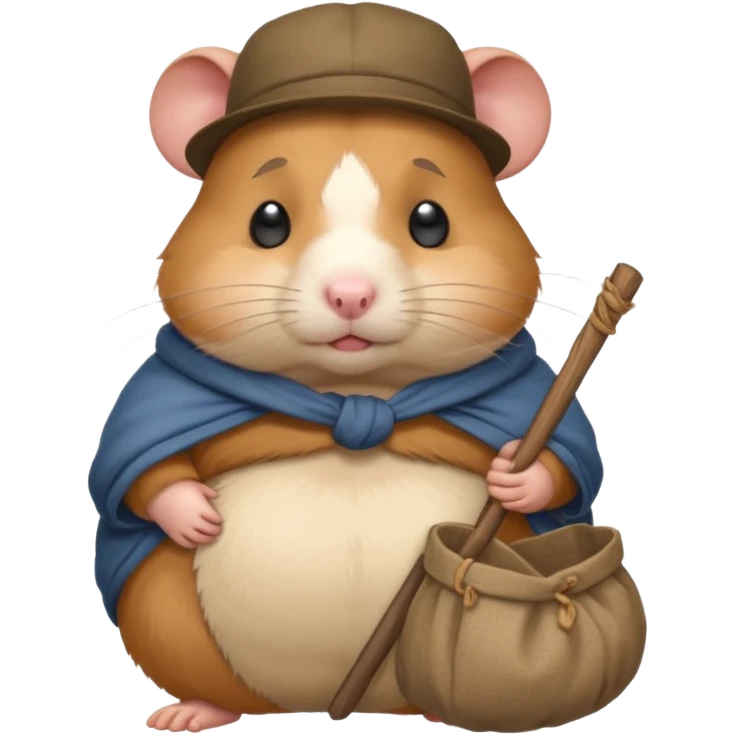 Fat cartoon-style hamster hobo carrying a bindle over its shoulder with a sad expression. emoji
