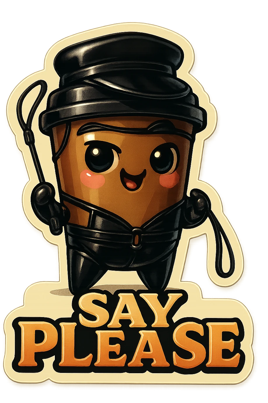 Tall coffee cup, dressed in leather holding a whipping crop, mischevious, "big "Say Please" emoji